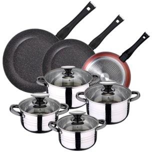 PACK DE 3 SARTENES Ø20/24 y 28 cms + BATERÍA DE COCINA 8PC EN ACERO INOXIDABLE