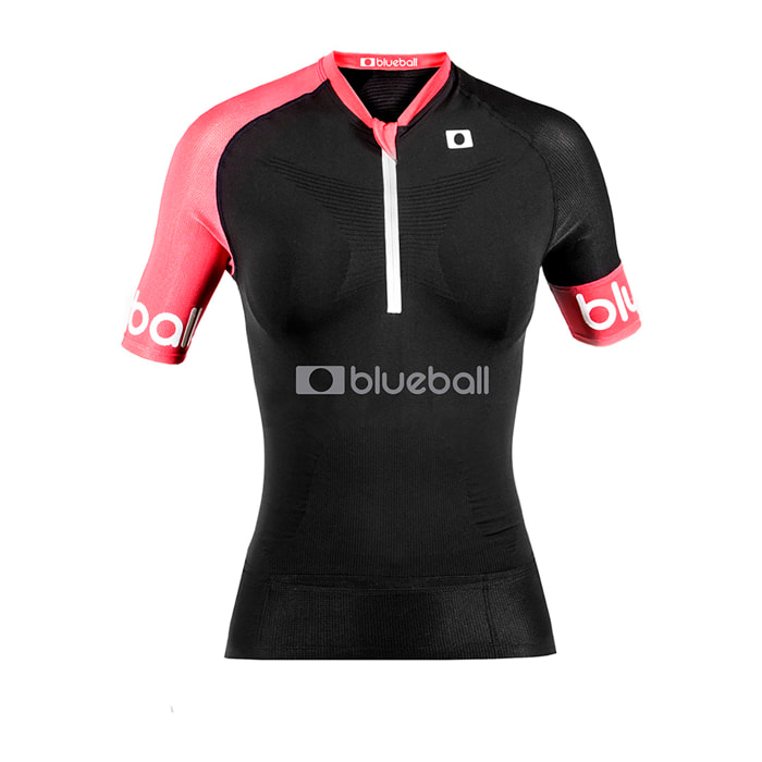 CAMISETA DE COMPRESIÓN RUNNING PARA MUJER MANGA CORTA BLUEBALL EN NEGRO Y ROSA