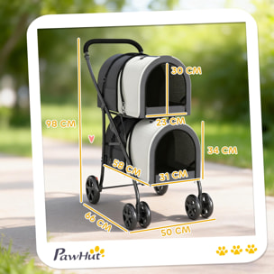 Carrito Doble para Perros Gatos Cochecito Plegable para Mascotas con 2 Transportines Extraíbles Cinturón de Seguridad Bolsillos Laterales y 2 Cojines Cada Carga 10 kg 66x50x98 cm Gris Oscuro