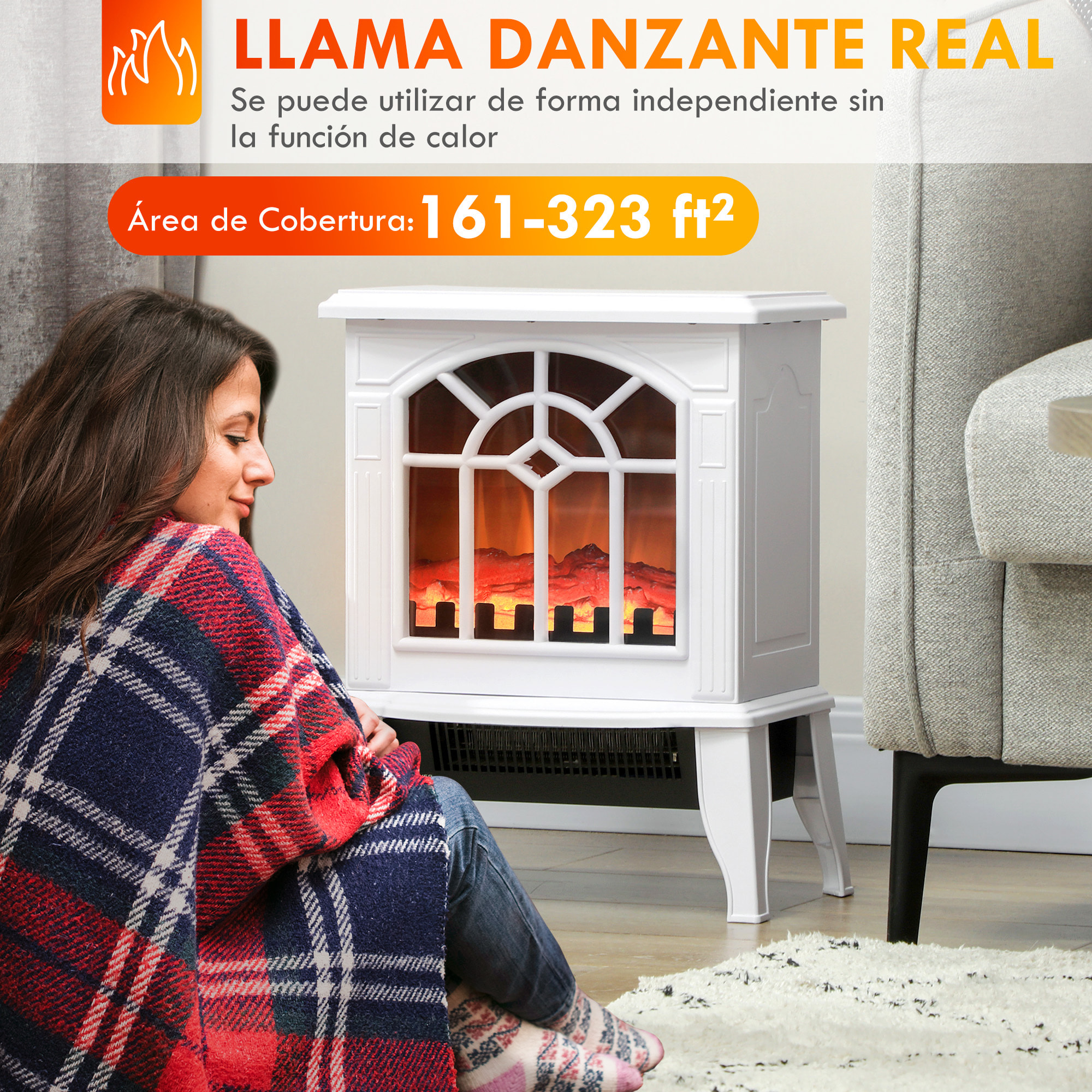 Chimenea Eléctrica 1000 W/2000 W Chimenea Decorativa con Temperatura Ajustable LED Llamas y Protección Sobrecalentamiento para 15-20 ㎡ 36,5x24x46 cm Blanco