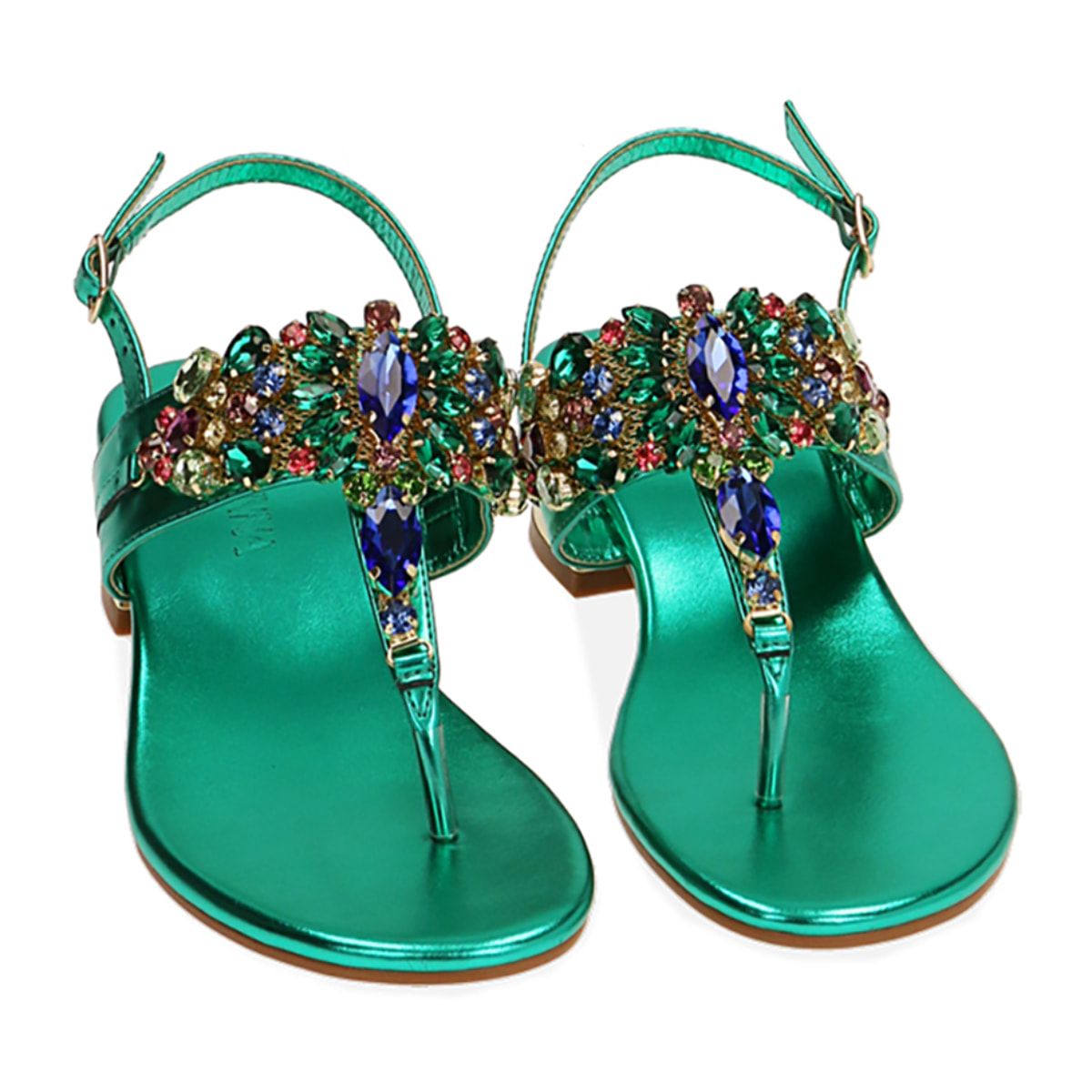 Sandalias planas laminadas verdes, tacón de 3,5 cm
