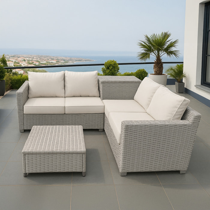 LIAM Salon de jardin d'angle 4 places en résine tressée avec coffre de rangement gris et beige