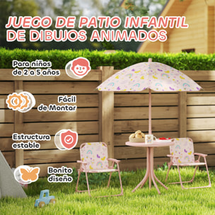 Conjunto de Mesa y Sillas Infantil de Jardín de 4 Piezas Mesa Infantil con Sillas Plegables Sombrilla Ajustable Diseño de Arcoíris para Patio Pícnic Rosa