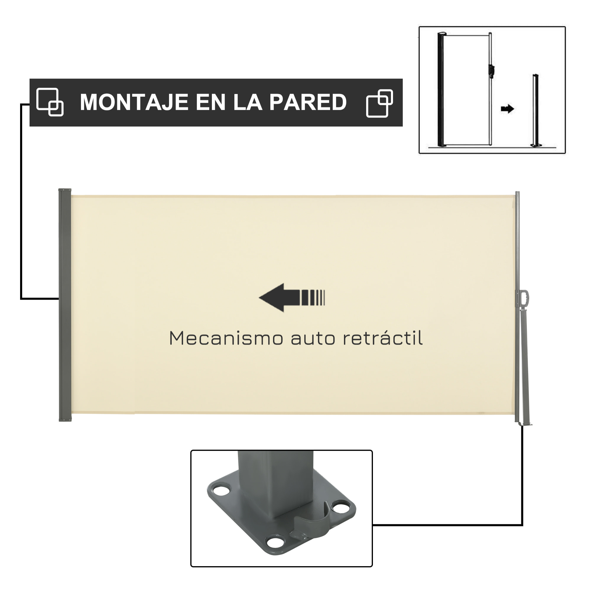 Toldo Lateral Retráctil 300x160 cm Pantalla Enrollable Mampara de Privacidad y Protección Solar para Jardín Balcón Terraza Crema