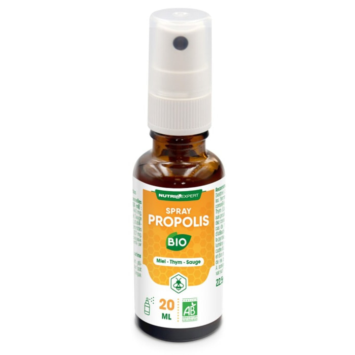 NUTRI EXPERT - Propolis BIO - Défenses naturelles & apaisement des voies respiratoires - Miel, Sauge, Thym - Maux du quotidien - Sans arôme ni allergène - Usage quotidien - Spray 20ml