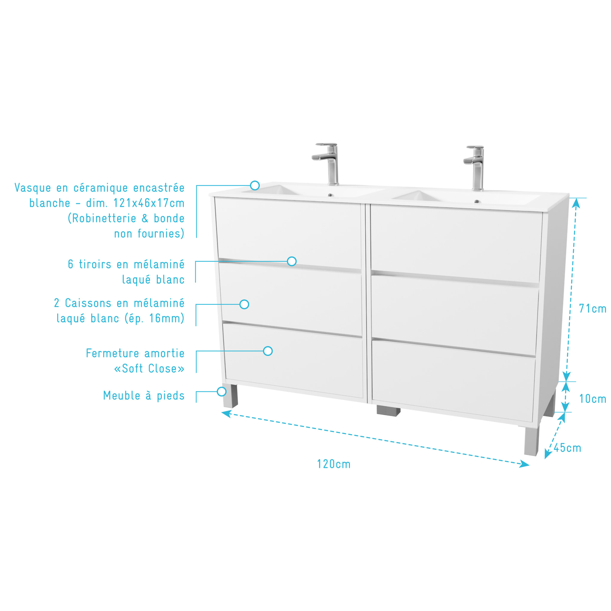 Pack Meuble Salle de Bains 120 cm Laqué Blanc, 6 tiroirs avec Vasque Céramique - XENOS