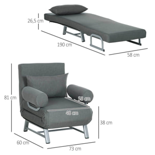 Fauteuil chauffeuse canapé-lit convertible inclinable 1 place grand confort coussin lombaires accoudoirs piètement métal lin gris foncé