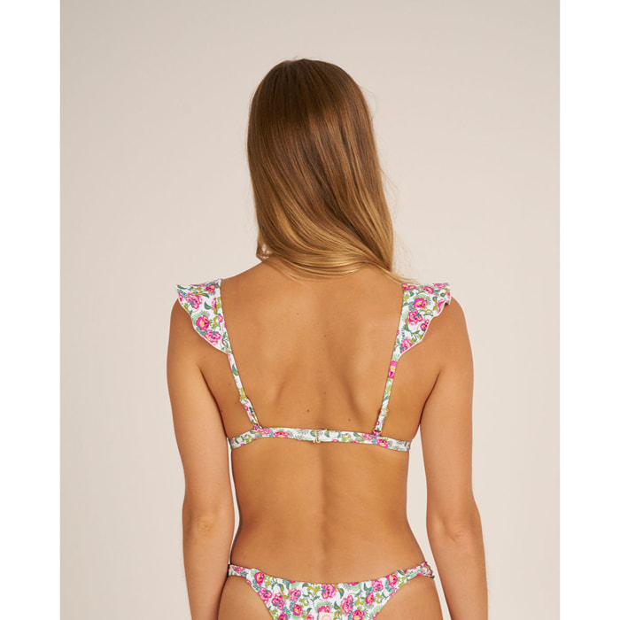 Top de bikini con volante y estampado de flores