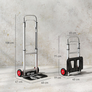 Carretilla Plegable de Aluminio con Mango Telescópico Ajustable, Carga 90 kg, Carretilla de Mano con Ruedas, para Garaje, Oficina, Equipaje, Viajes, Mudanzas y Compras, Plata y Negro