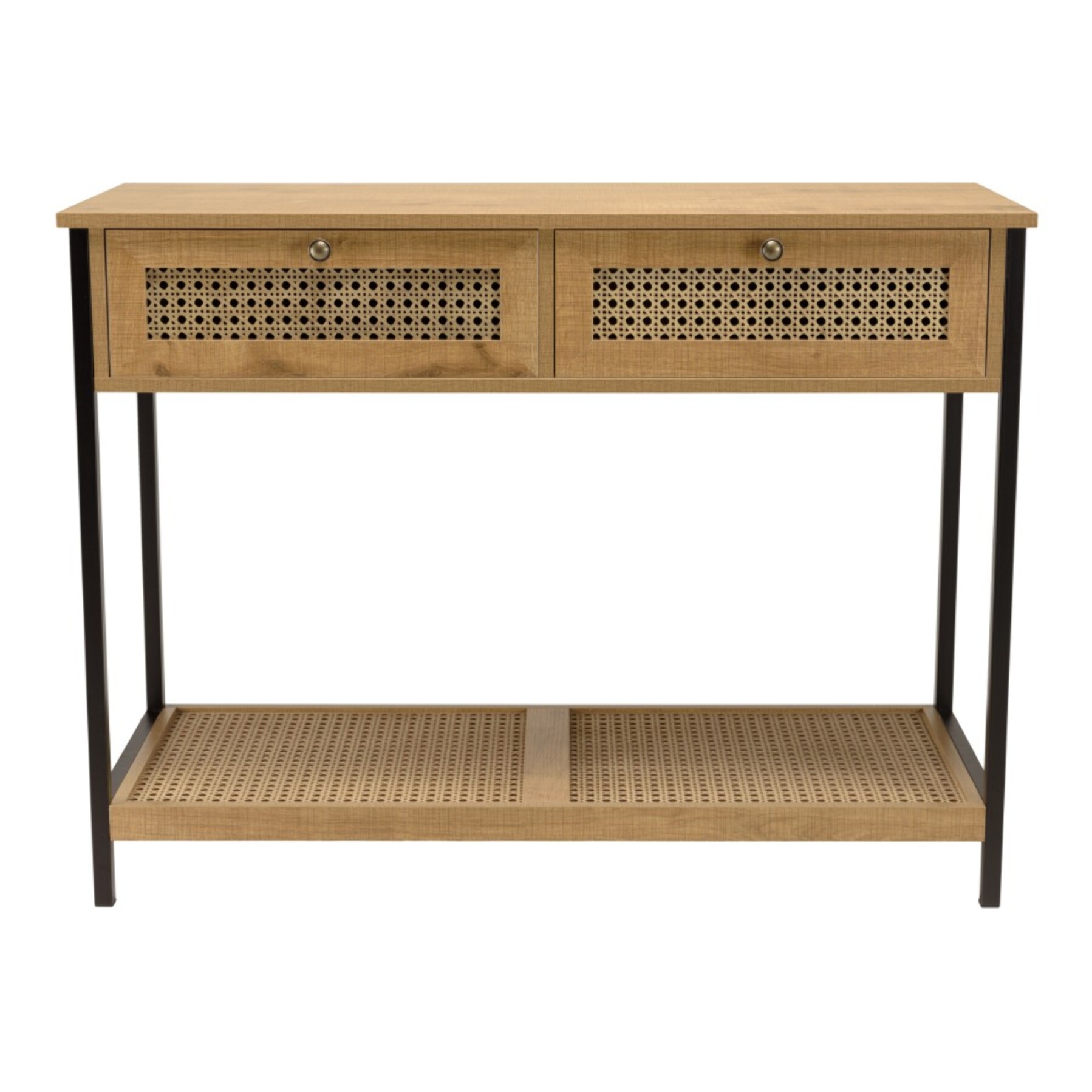 CHARLIE - Console bois marron 2 tiroirs 1 étagère cannage pieds métal