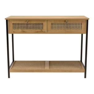 CHARLIE - Console bois marron 2 tiroirs 1 étagère cannage pieds métal
