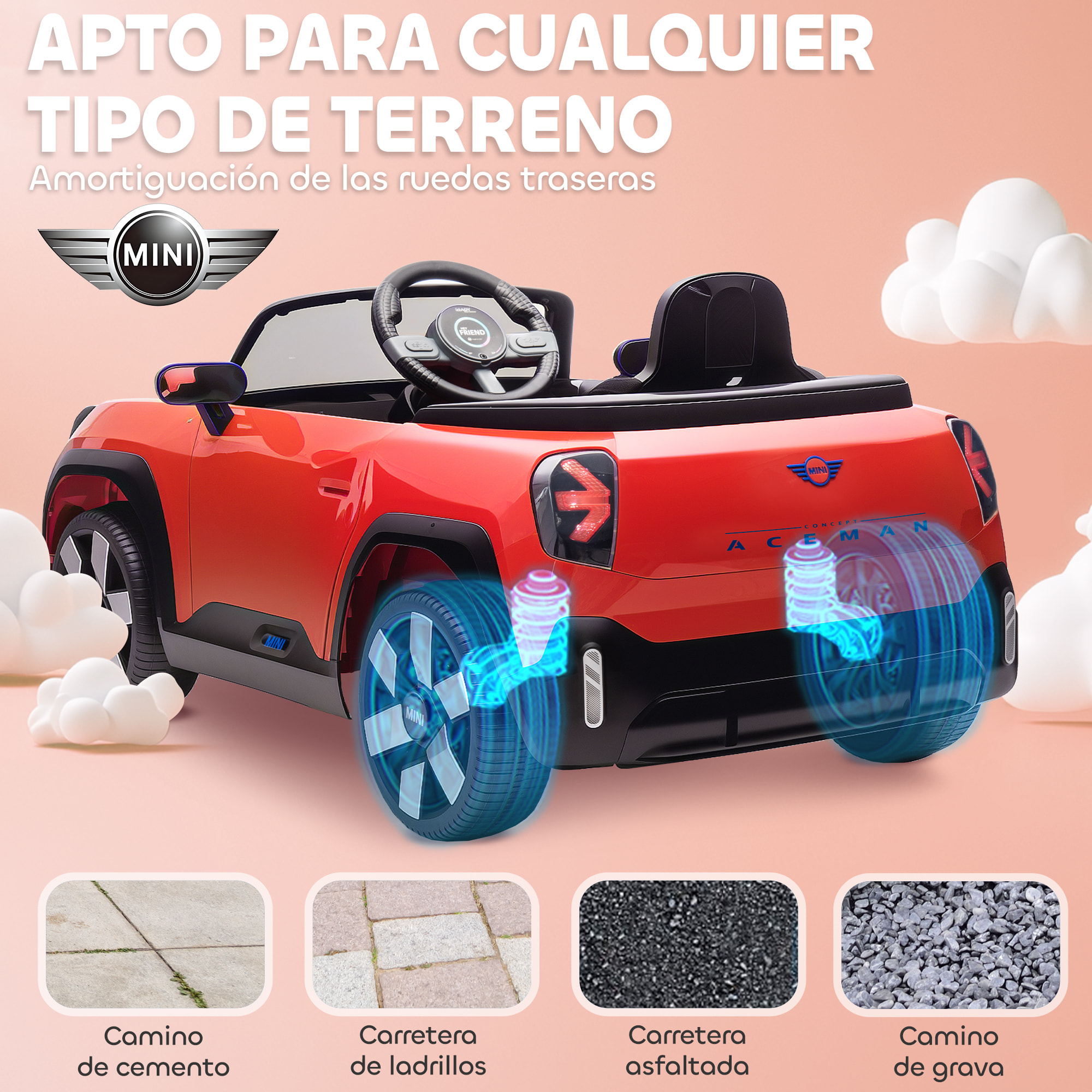 Coche Eléctrico para Niños de +3 Años, MINI Concept Aceman, Coche de Batería 12V, con Bluetooth, Mando a Distancia 2,4 G, Motor Doble, Suspensión Trasera, Faros, Música, USB, Rojo