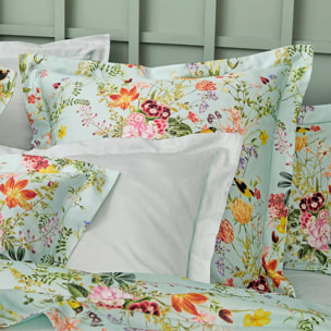 Taie d'oreiller satin de coton imprimé multicolore Primavera vert d'eau