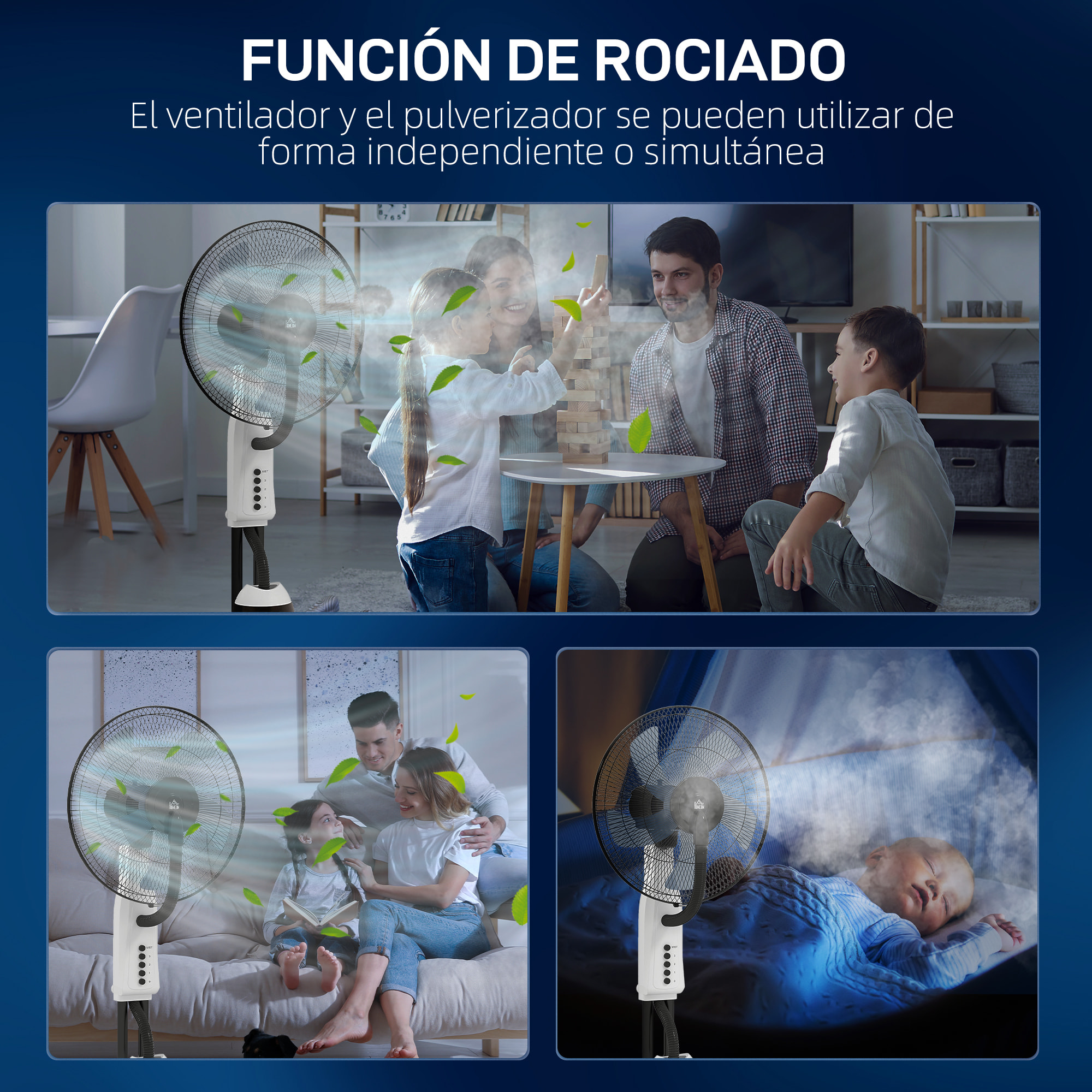 Ventilador Silencioso con Nebulización 90W, Ventilador de Pie de 120cm con 3 Velocidades, Oscilación de 70°, Cabezal Ajustable, Depósito de Agua de 2,8L, Blanco
