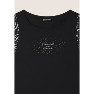 T-shirt senza maniche con dettagli dorati e animalier