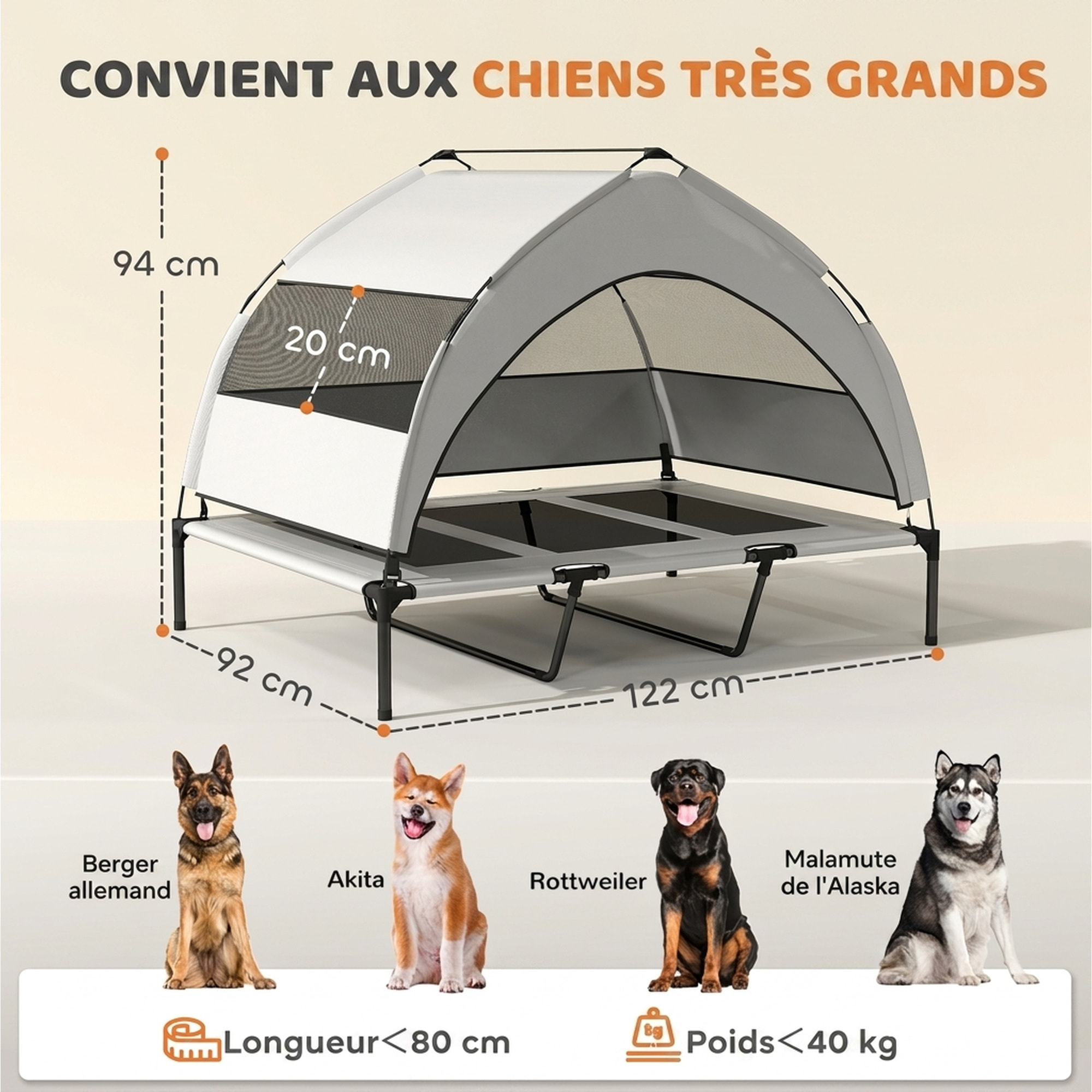 Lit pour chien sur pieds grande taille XXL avec auvent gris