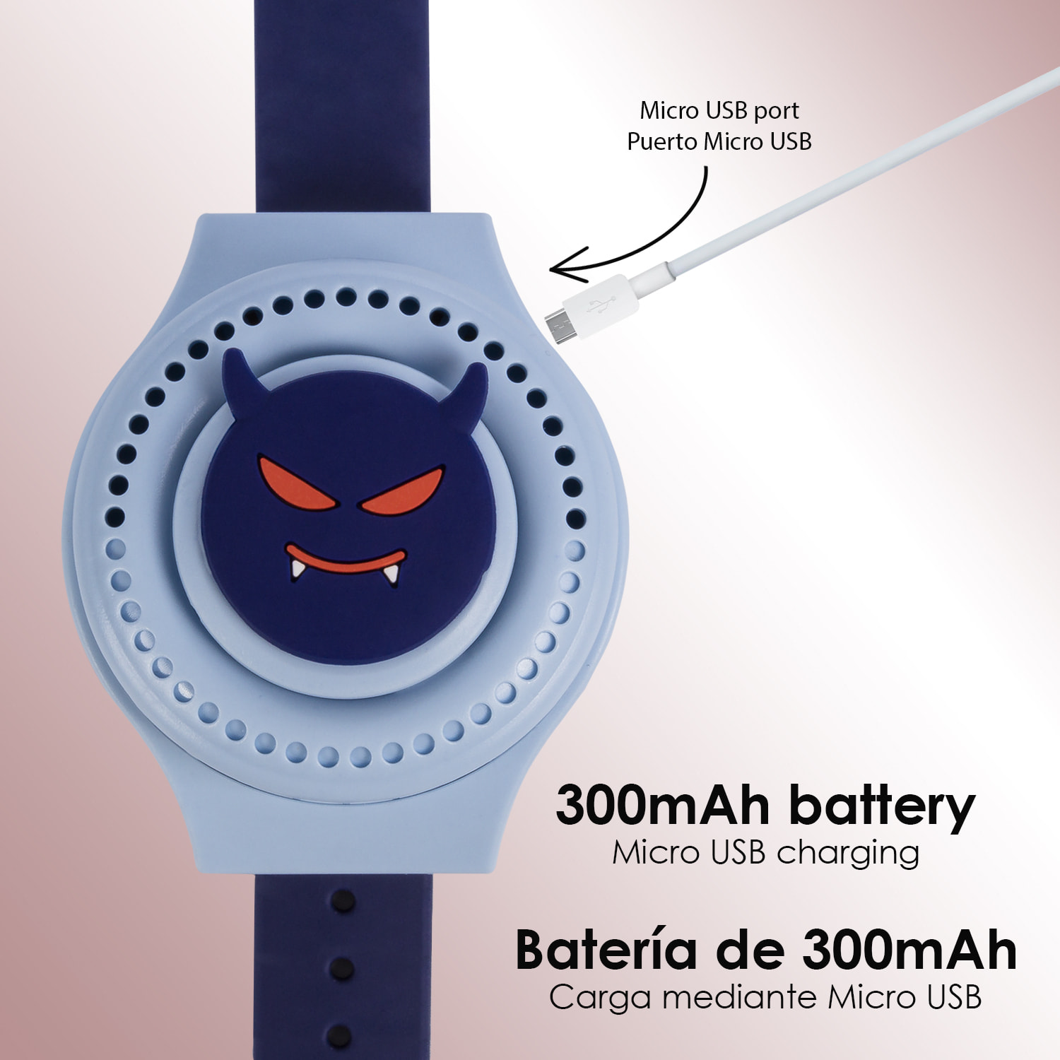 Orologio portatile con ventola con batteria da 300 mAh. Disegno del diavolo. 3 velocità.
