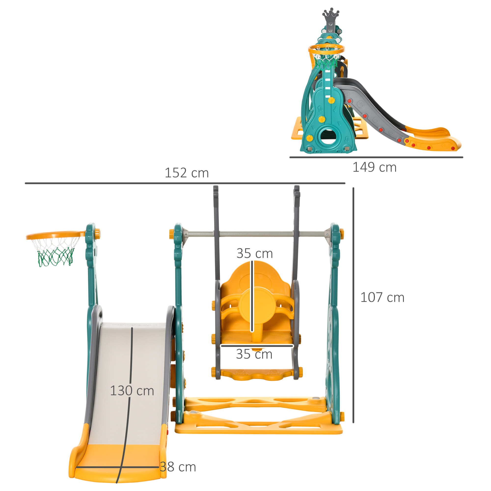 Toboggan et balançoire pour enfants 4 en 1 avec panier de basket, siège réglable, 152x149x107cm, bleu et jaune