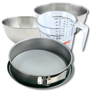 Set pâtisserie avec moule à manqué de 28 cm acier, 2 bols à mixer, verre mesureur et spatule Zenker