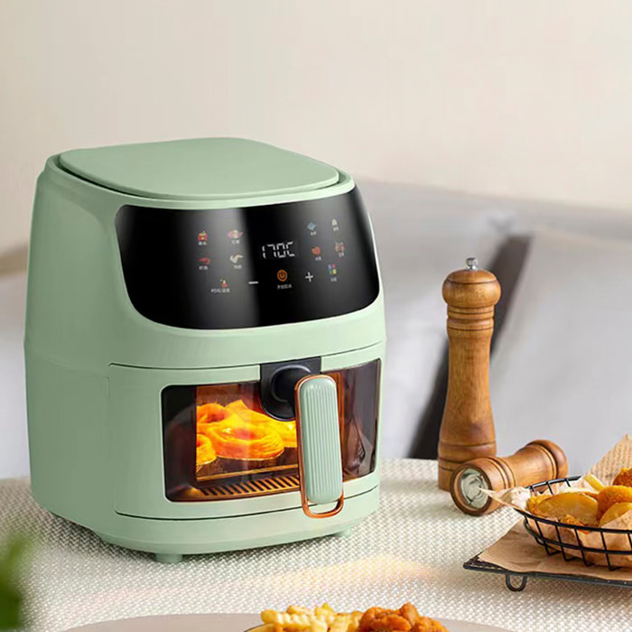 Friggitrice ad aria 8L, 1400W, con finestra di visualizzazione. Pannello touch, 8 programmi di cottura, modalità manuali, griglia antiaderente. PRODOTTO CON IMBALLAGGIO DANNEGGIATO.