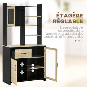 Buffet haut multi-rangement 3 portes 3 étagères tiroir 5 niches bicolore aspect chêne clair noir