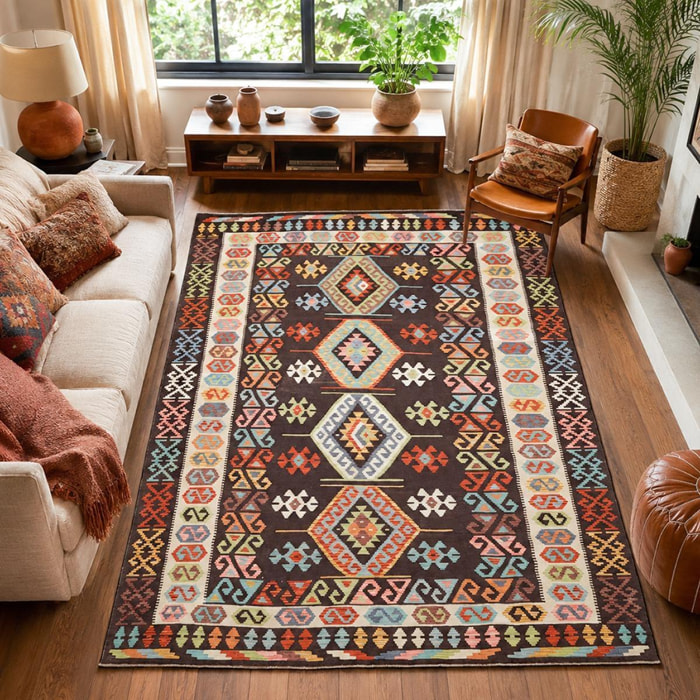 Tapis kilim au motif ethnique, tissé plat en laine, UMENO