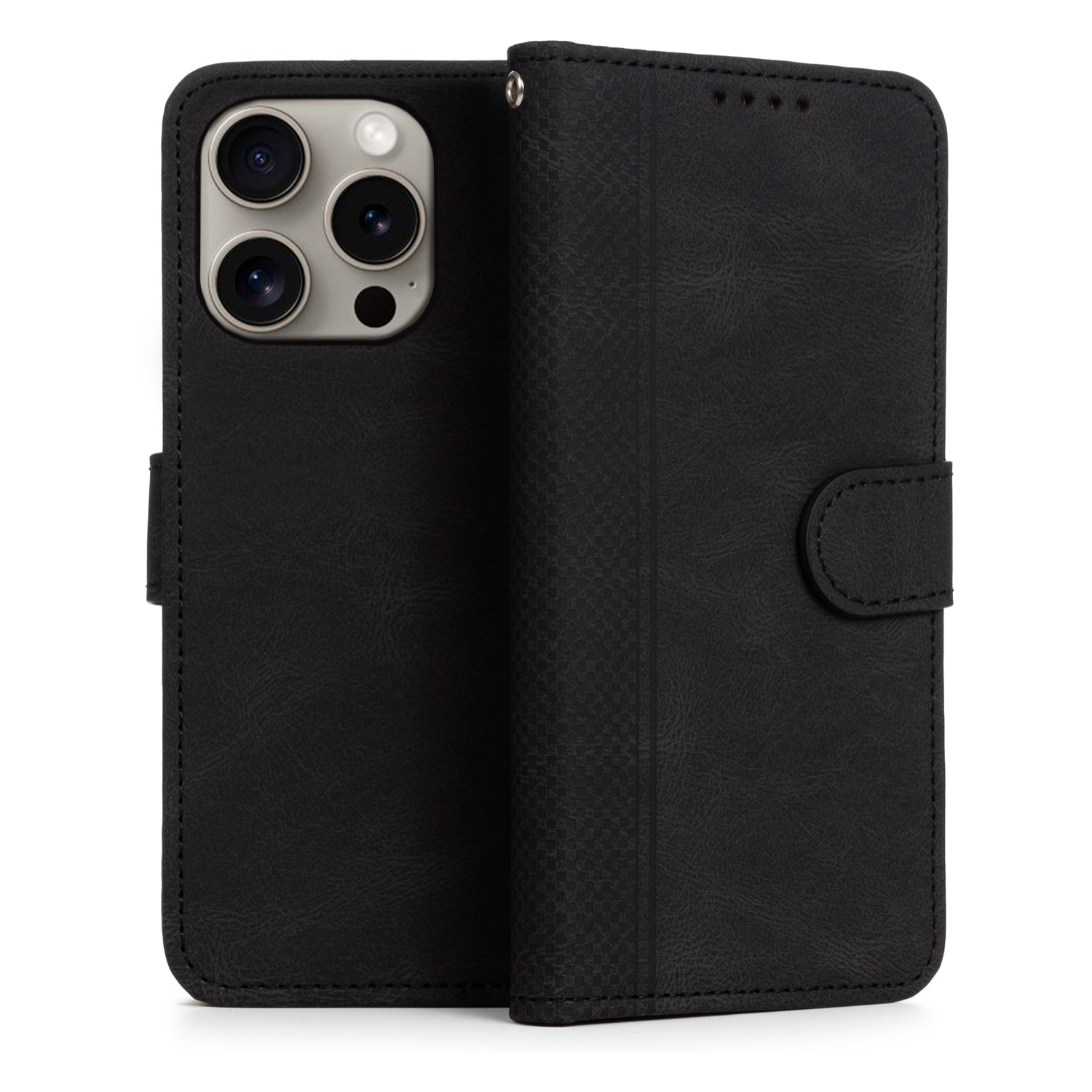 Custodia antiurto a libro in similpelle per iPhone 15 Pro. Portacarte interno, cinturino da polso removibile.