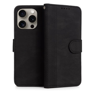 Custodia antiurto a libro in similpelle per iPhone 15 Pro. Portacarte interno, cinturino da polso removibile.