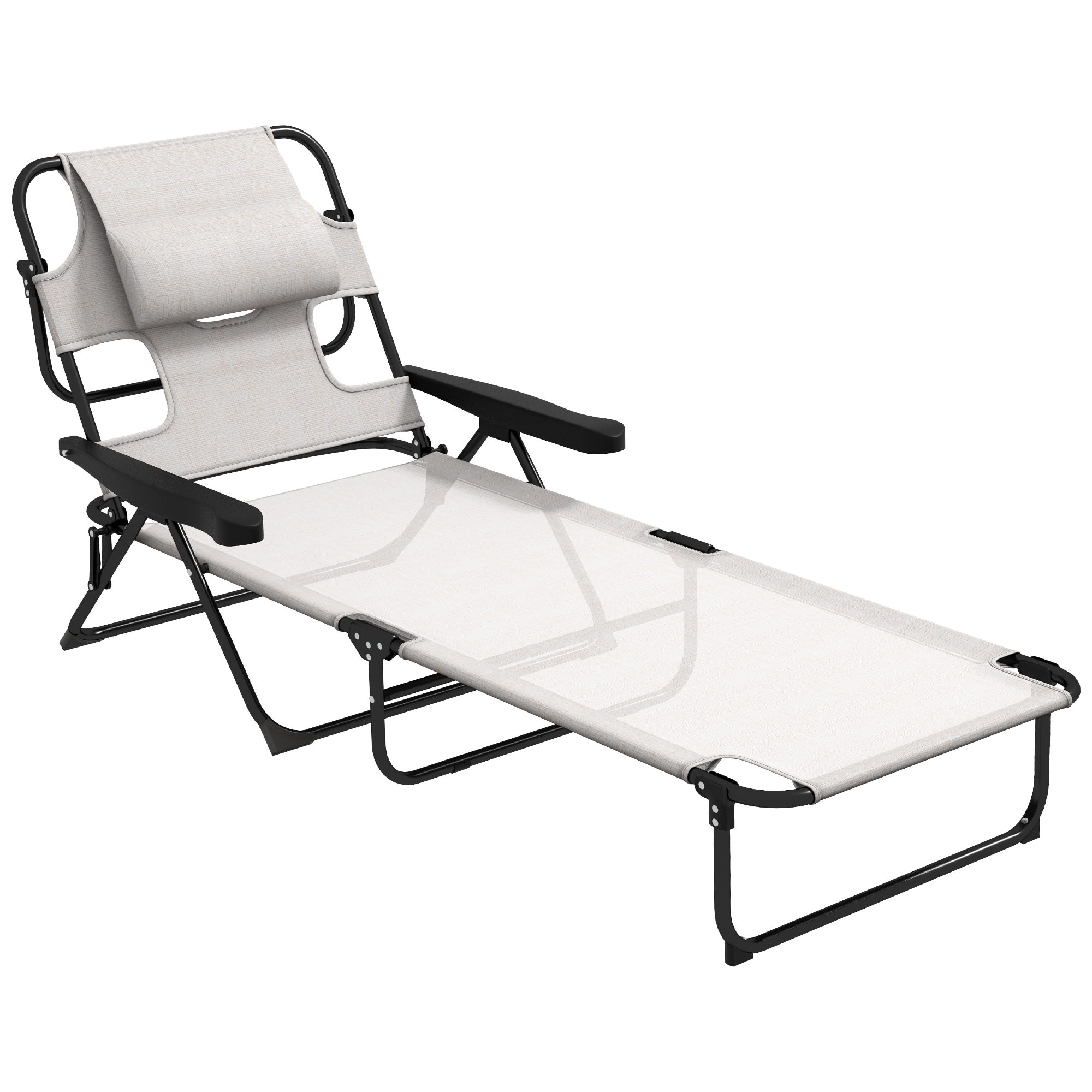 Outsunny Tumbona Plegable Tumbona de Jardín con Respaldo Ajustable en 4 Niveles Orificio de Lectura y Reposacabezas para Terraza Piscina 194x72x31 cm Crema