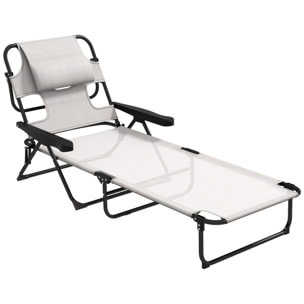 Outsunny Tumbona Plegable Tumbona de Jardín con Respaldo Ajustable en 4 Niveles Orificio de Lectura y Reposacabezas para Terraza Piscina 194x72x31 cm Crema