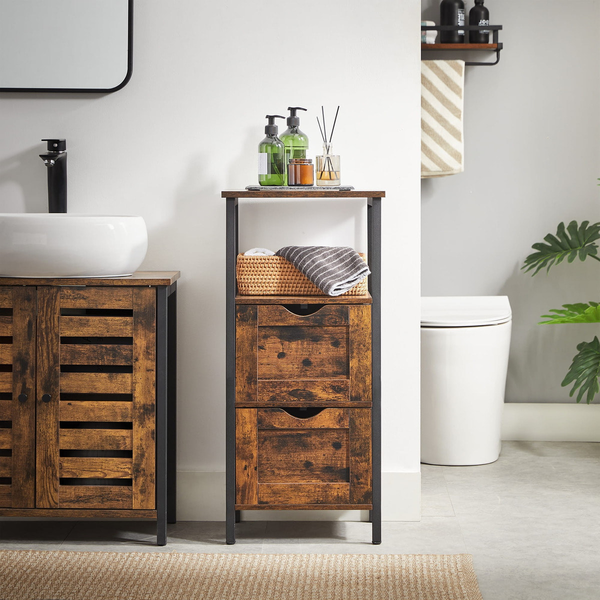 Mobiletto bagno industriale in legno e acciaio con cassetti