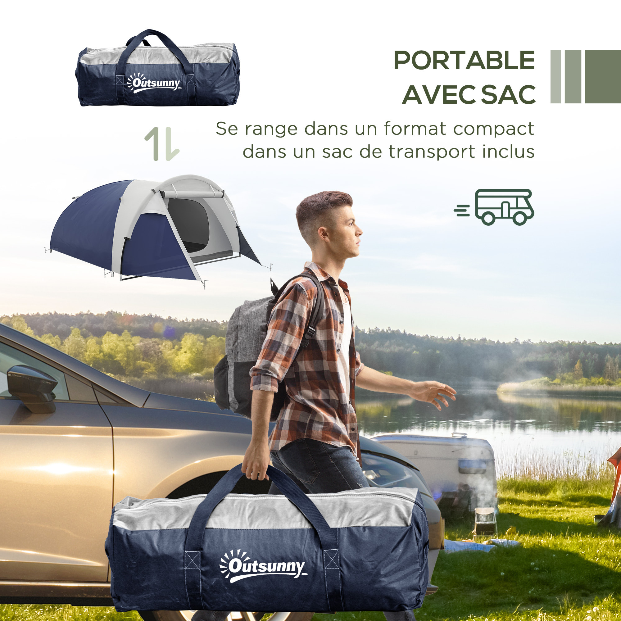 Tente de camping 3-4 pers.  - 2 portes - dim. 3,2L x 2,4l x 1,3H m - sac transport inclus - bleu gris