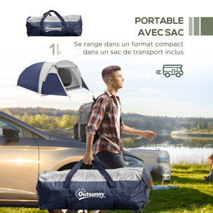 Tente de camping 3-4 pers.  - 2 portes - dim. 3,2L x 2,4l x 1,3H m - sac transport inclus - bleu gris