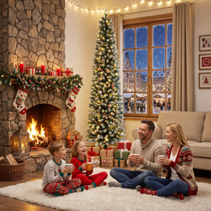 Árbol de Navidad Estrecho con 170 Luces LED Bicolor, 180 cm, Árbol de Navidad de Abeto Nevado, 351 Ramas Ignífugas, 11 Modos, Mando a Distancia, Estructura de Acero, Verde y Blanco