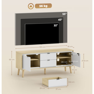Mueble de TV Moderno de 2 Puertas, Mueble TV para Salón con 2 Cajones, Orificios Pasacables, Estantes Extraíbles y Ajustables, para Televisión 55 Pulgadas, 120x35x50 cm, Blanco Brillo y Roble