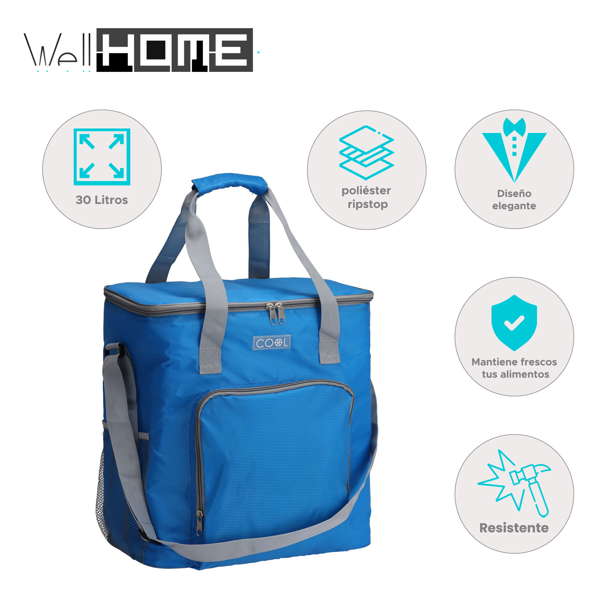 Well Home Bolsa Nevera Azul Brillante de 30L con Detalles en Gris y Espuma Aislante de 5 mm