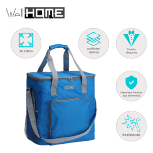 Well Home Bolsa Nevera Azul Brillante de 30L con Detalles en Gris y Espuma Aislante de 5 mm