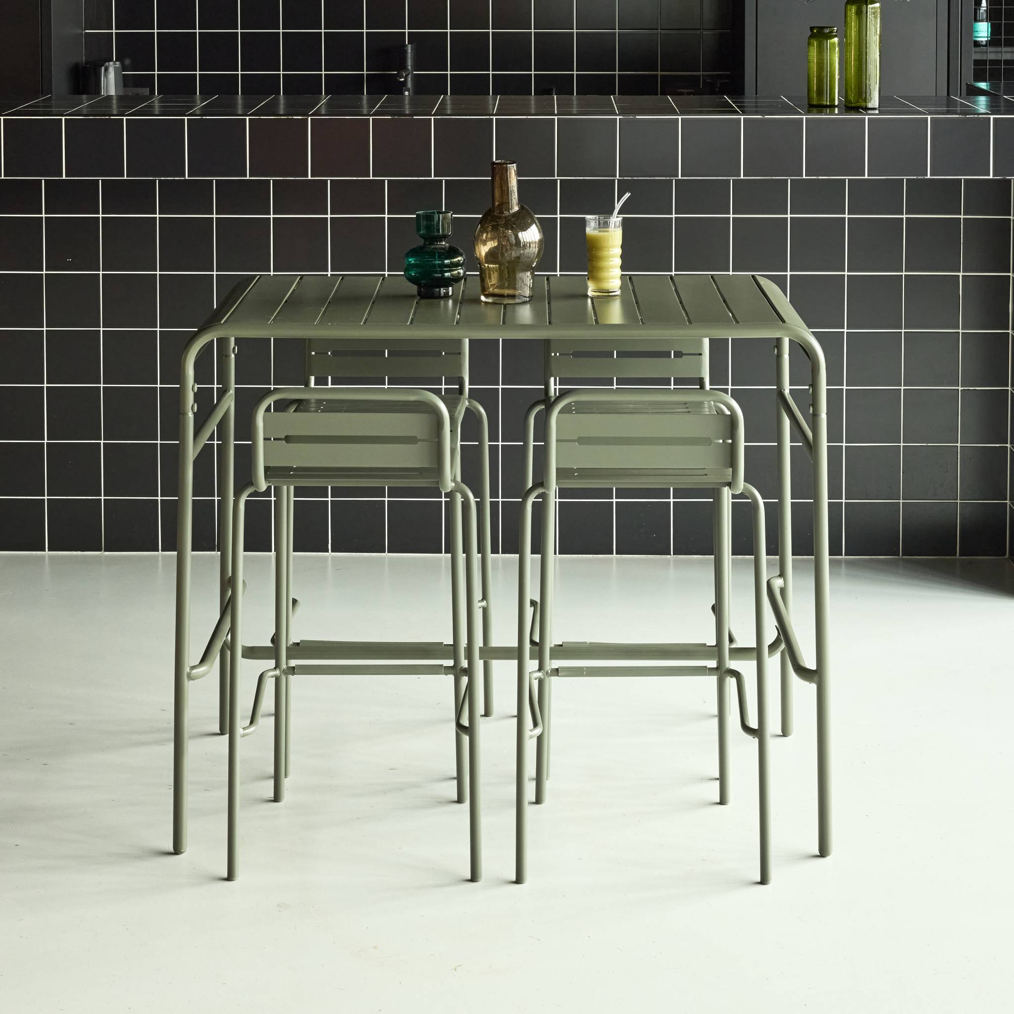 Table haute de jardin acier + 4 assises AMÉLIA