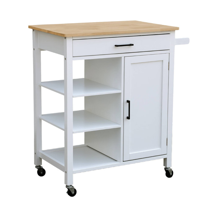 Desserte de cuisine blanche BENDOR plateau en bois d'hévéa. 83 x 47 x 91 cm. 1 poignée. 4 roues. 1 tiroir. 5 étagères. 1 porte. style contemporain