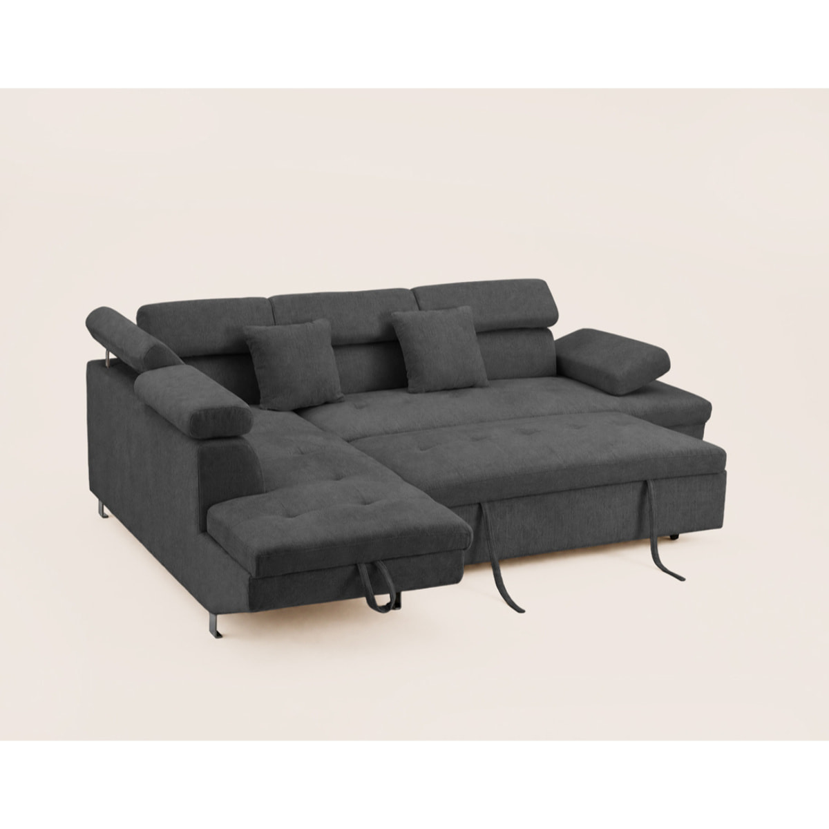 Margaux - Canapé d'angle gauche 5 places convertible avec coffre et têtières réglables en velours texturé - Gris