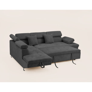 Margaux - Canapé d'angle gauche 5 places convertible avec coffre et têtières réglables en velours texturé - Gris