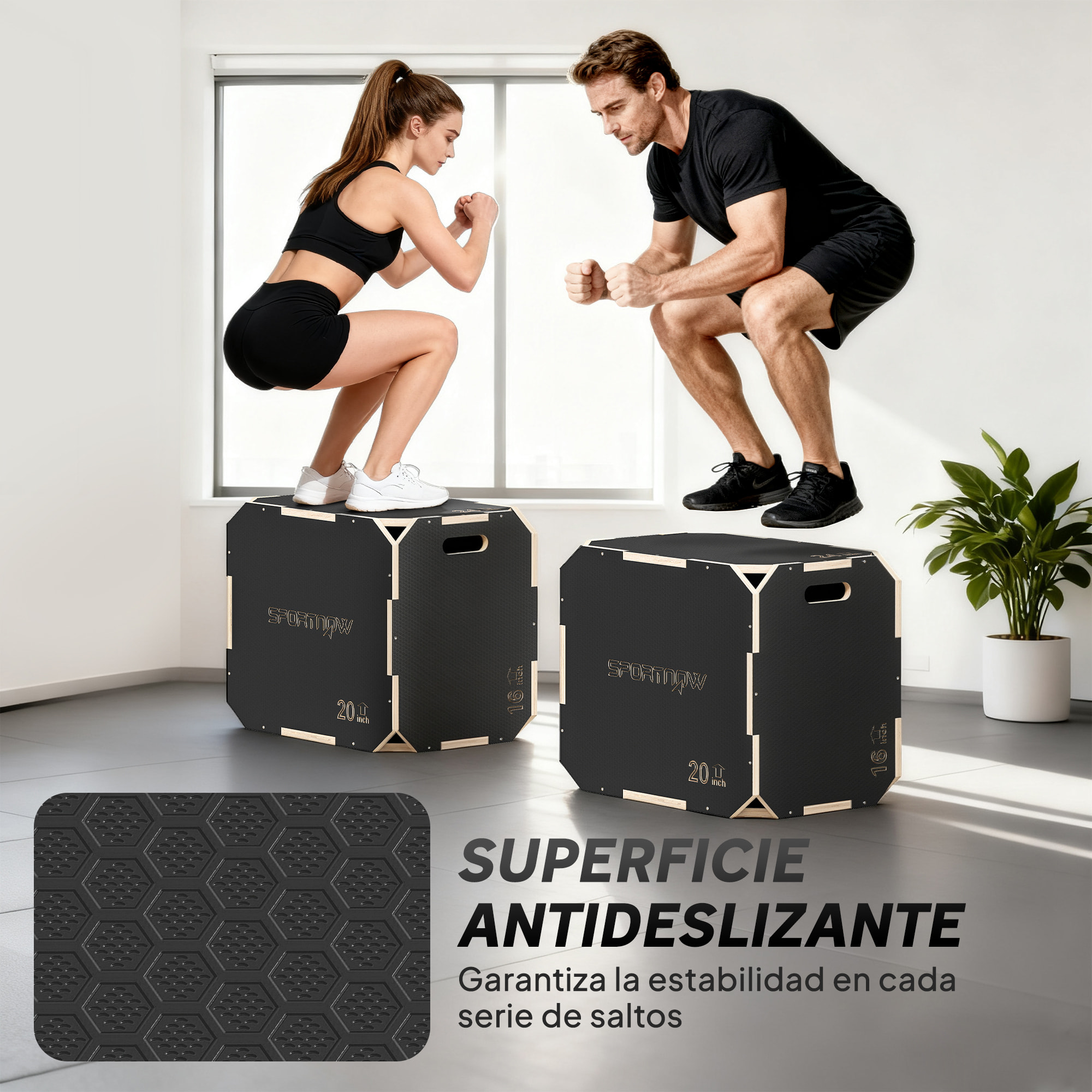 Cajón Pliométrico de Madera 3 en 1, Plataforma de Caja Pliométrica con 3 Alturas Ajustables 61/51/41 cm, Asas, sin Esquinas, Entrenamiento de Salto, Fuerza, para Casa, Gimnasio y Exterior