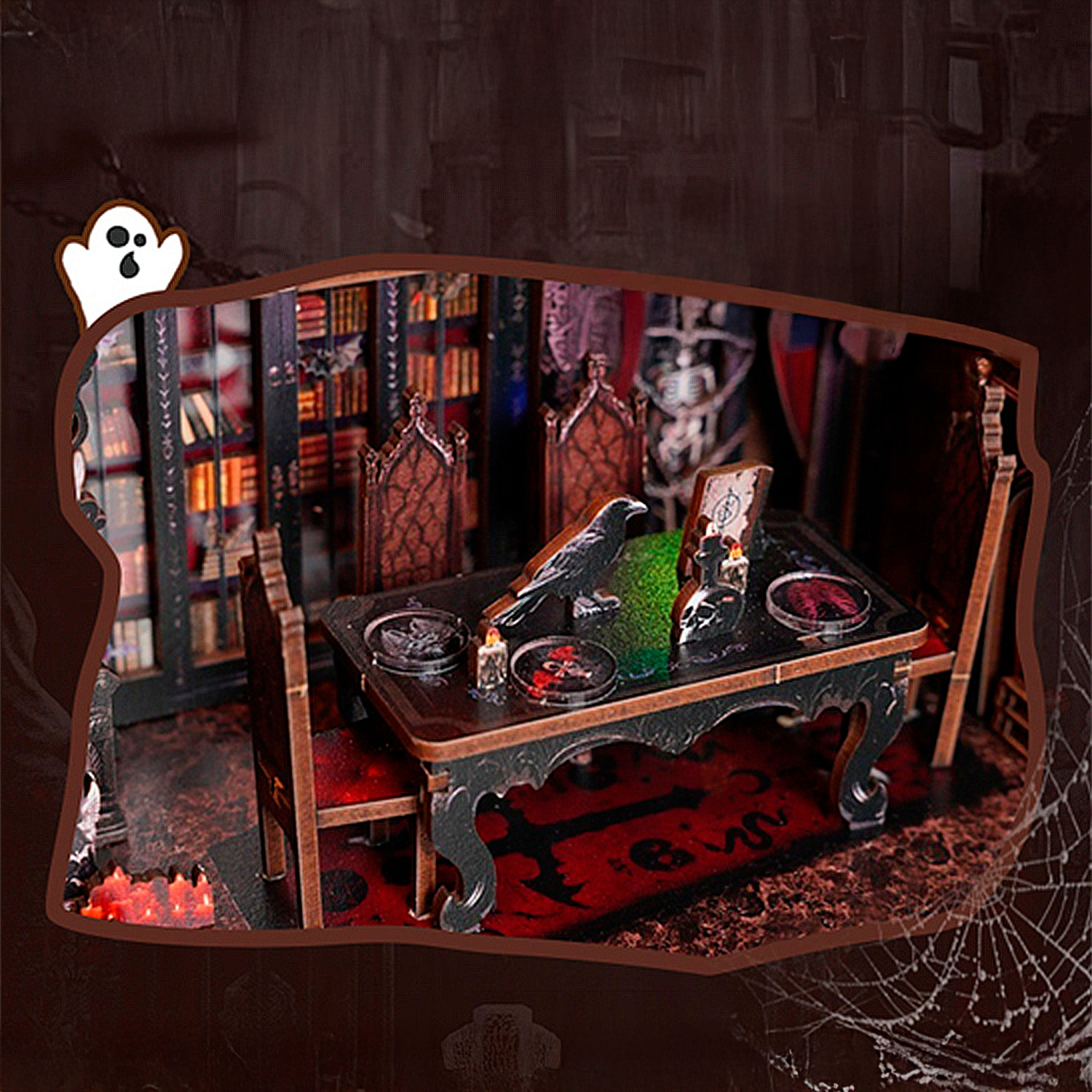 Familia oscura. Book Nook de madera con 155 piezas, diseño 3D realista con gran detalle, luces led y cubierta anti polvo.