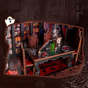 Familia oscura. Book Nook de madera con 155 piezas, diseño 3D realista con gran detalle, luces led y cubierta anti polvo.