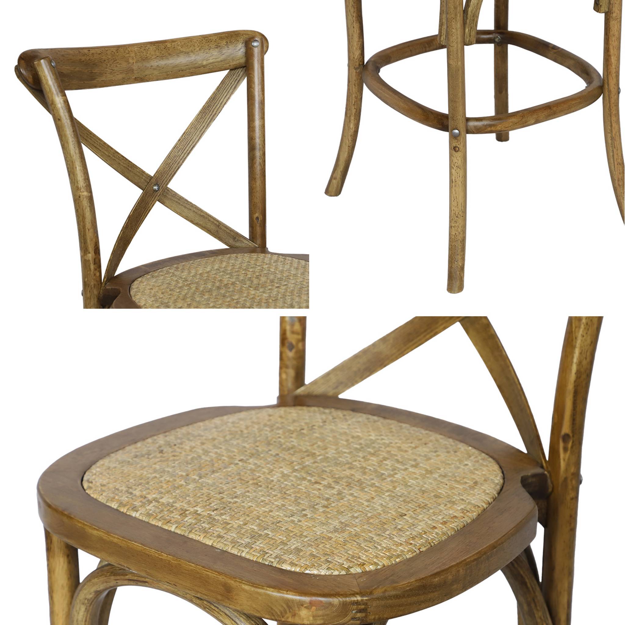 Tabouret de bar bistrot vintage en bois marron vieilli avec repose-pieds