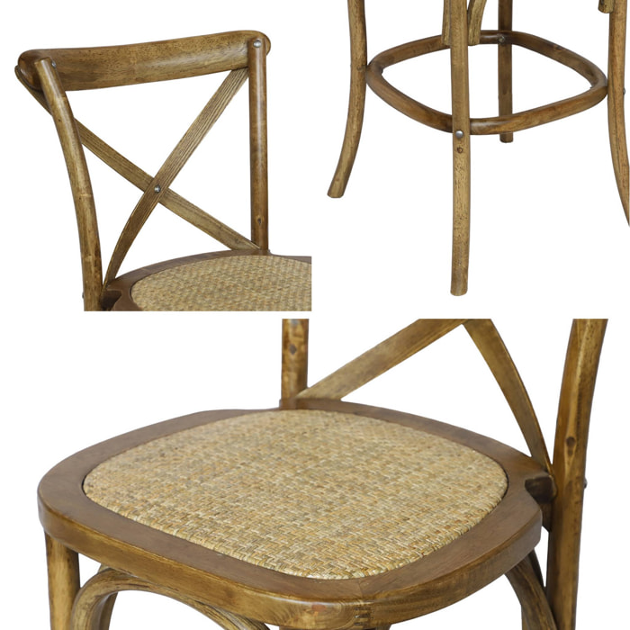 Tabouret de bar bistrot vintage en bois marron vieilli avec repose-pieds