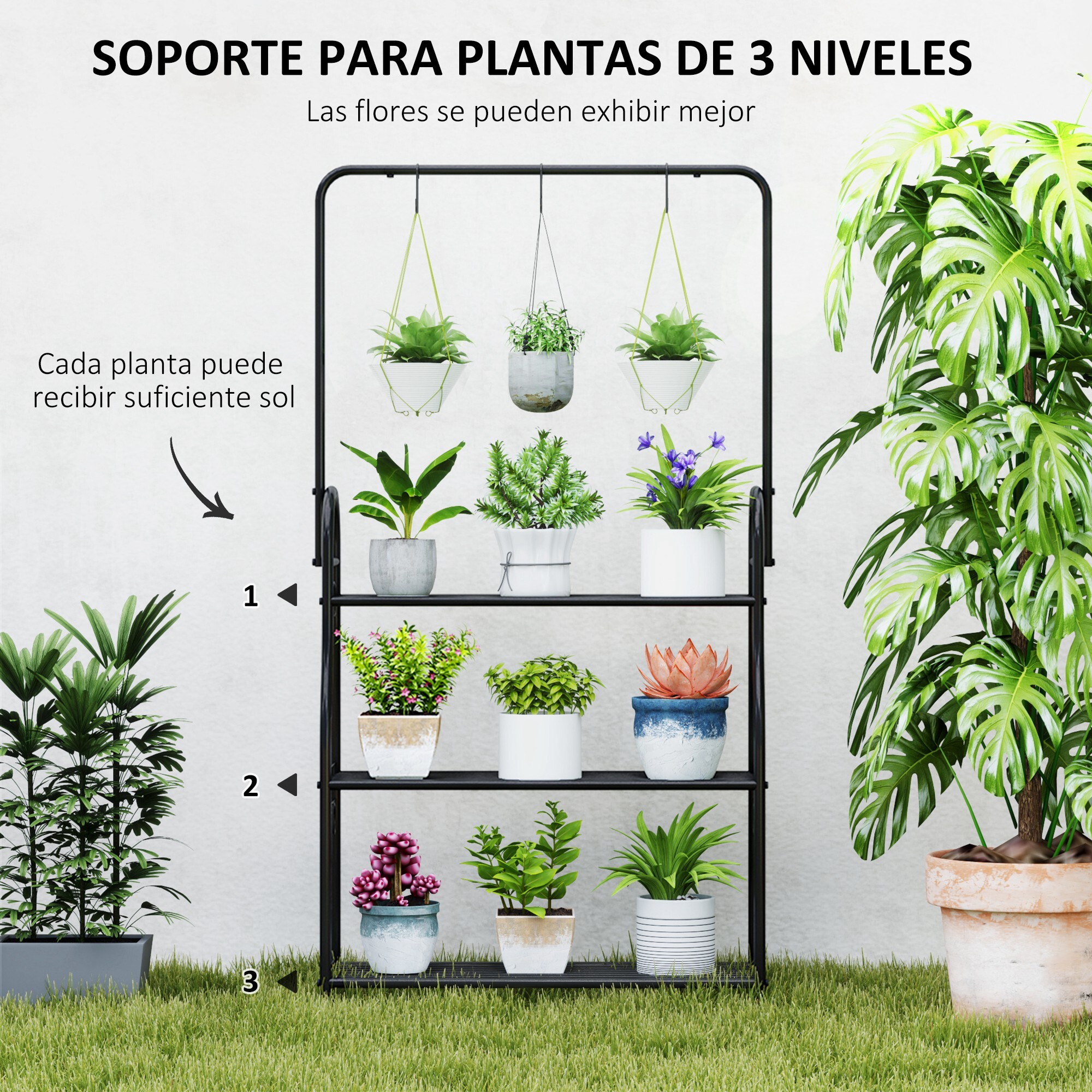 Estantería para Plantas de 3 Niveles Soporte para Plantas con Ganchos de Metal Barra para Colgar Soporte para Macetas para Interior y Exterior Negro