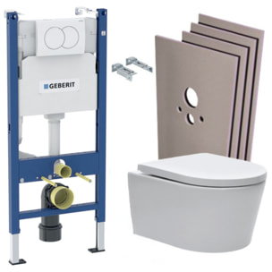 Pack WC sans bride SAT, fixations invisibles + Abattant softclose + Bâti support Geberit UP100 + Plaque blanche + Set Habillage