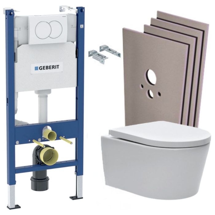 Pack WC sans bride SAT, fixations invisibles + Abattant softclose + Bâti support Geberit UP100 + Plaque blanche + Set Habillage