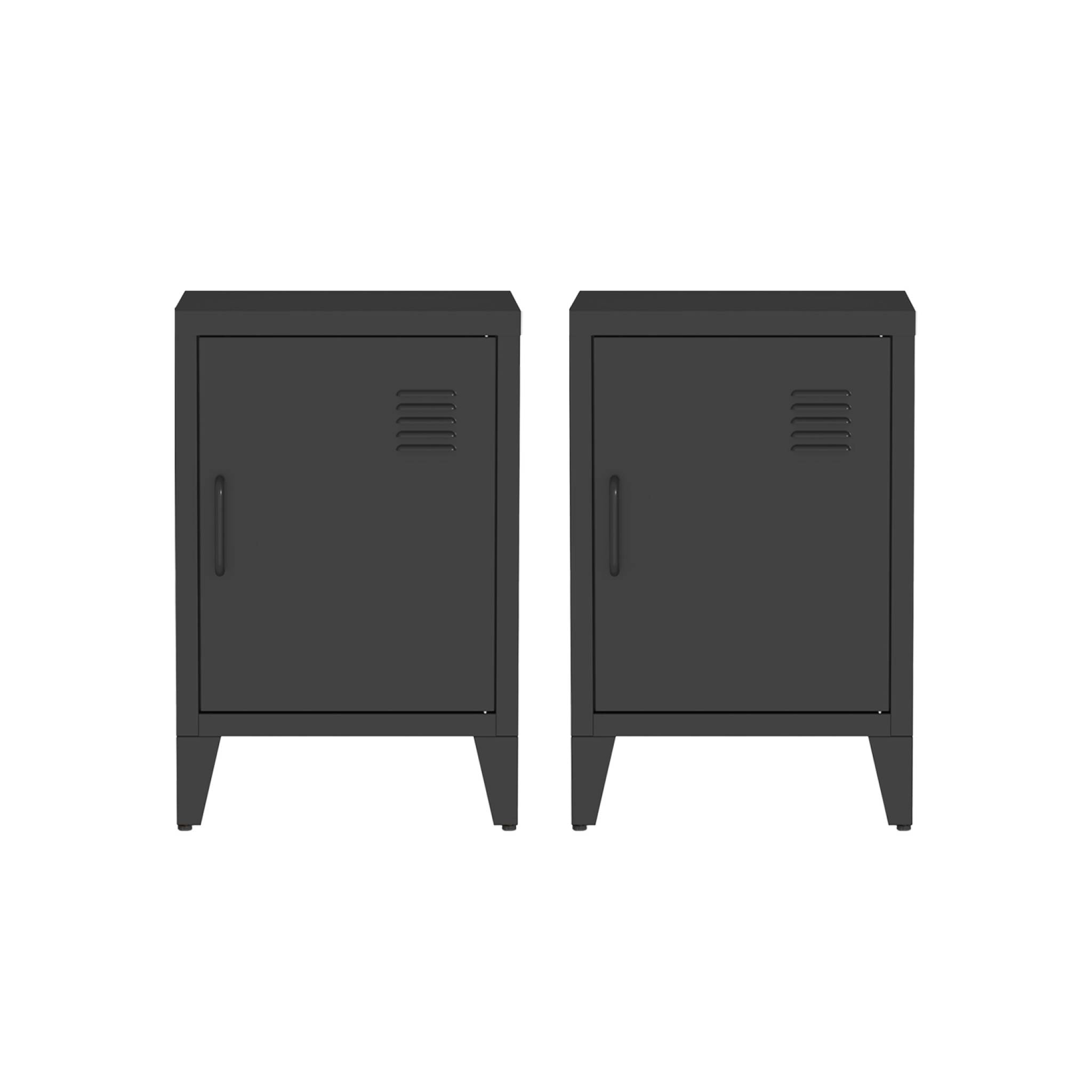 Lot de 2 tables de chevet en acier 1 porte. Noire. casier. L 38 x P 38 x H 55.7 cm